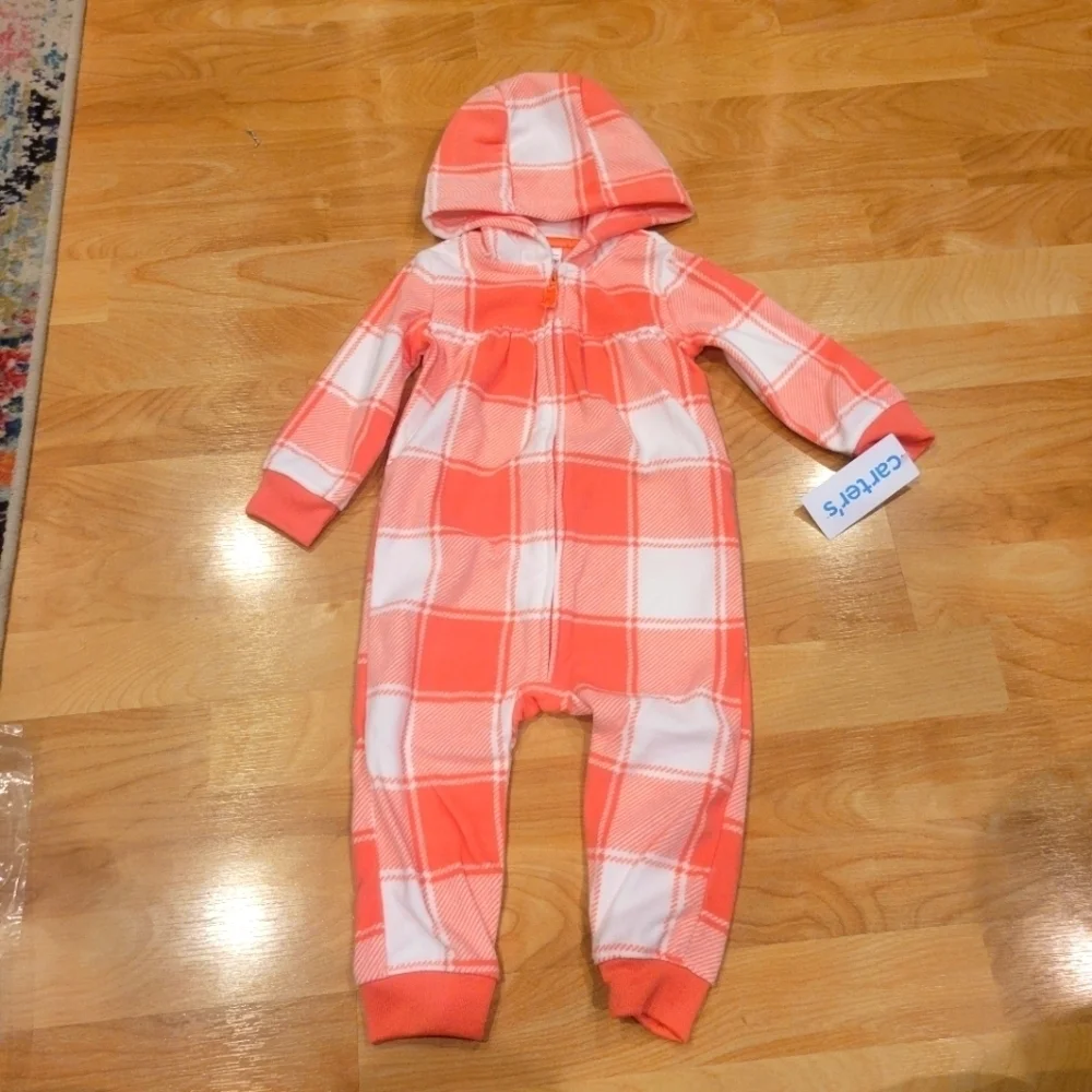 Carter's Fleece hooded plaid jumpsuit size 12 months new